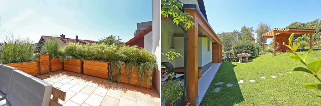 Biofilni nadstrešek povečuje povezanost z naravo (3) Biofilni nadstrešek in balkonska korita je zgradilo družinsko podjetje Mizarstvo Kos d.o.o.