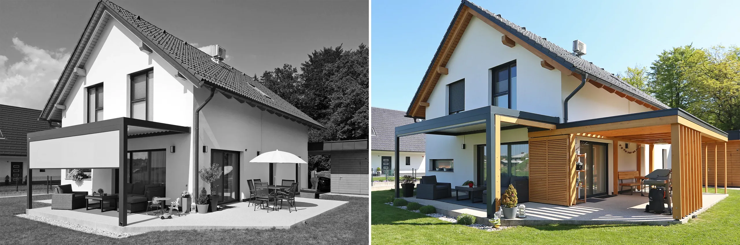 Fotografija prej in potem: Lesena preobrazba lesene hiše, kjer smo zgradili leseni nadstrešek na terasi, z dodanimi lesenimi pomičnimi senčili.