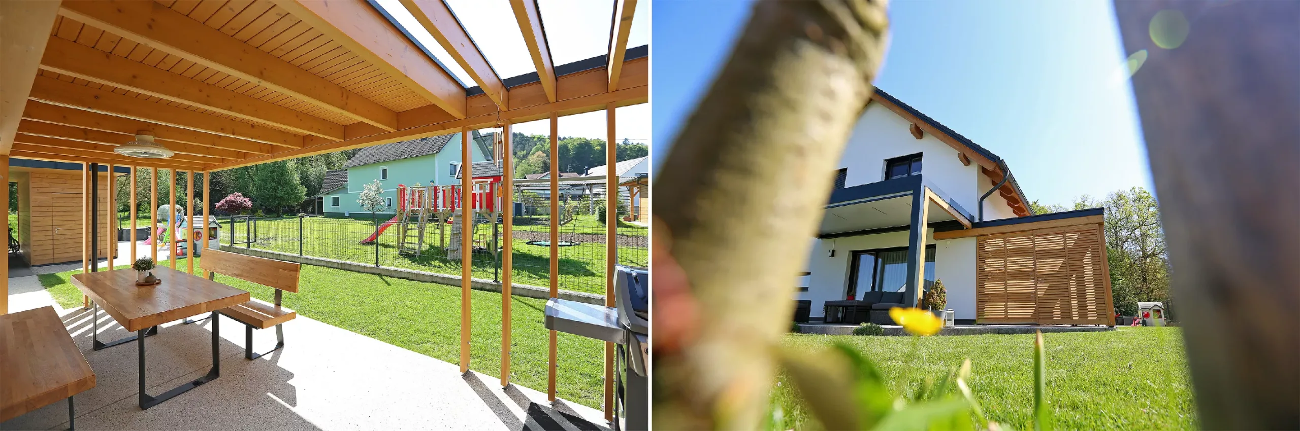 Lesena preobrazba lesene hiše, kjer smo zgradili leseni nadstrešek na terasi, z dodanimi lesenimi pomičnimi senčili.