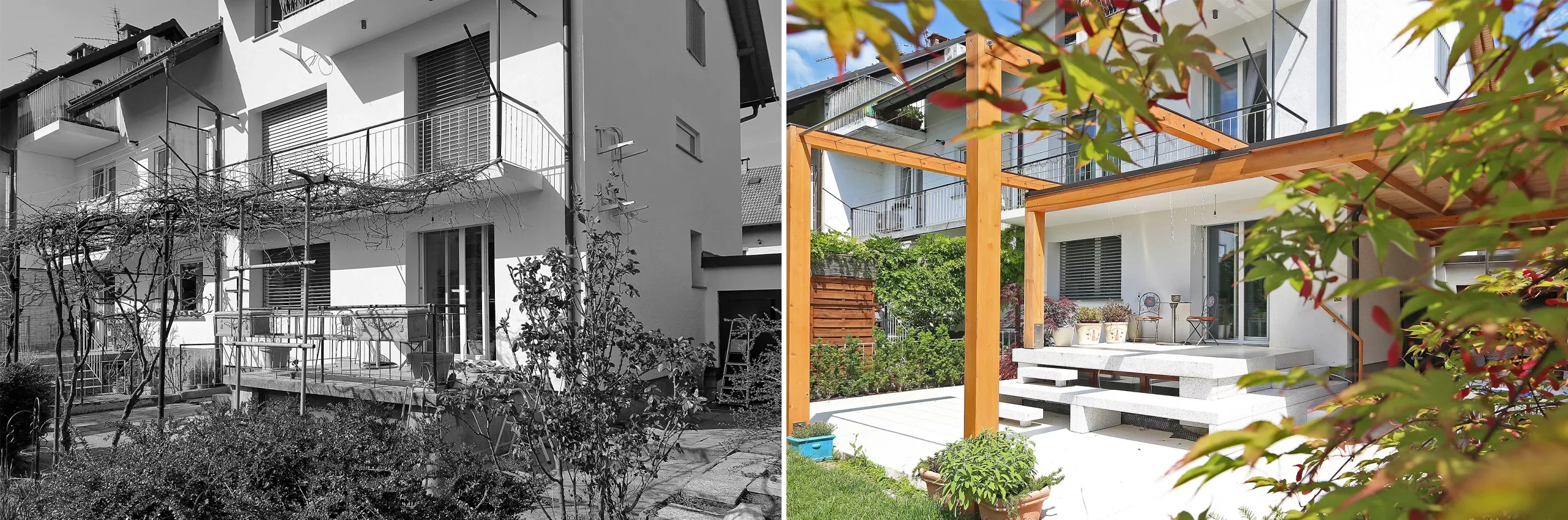 Leseni nadstrešek prislonjen na vzhodni del hiše in južna pergola sta načrtovan arhitekturni doprinos, ki izboljšuje bivanje prilagojeno uporabniku.