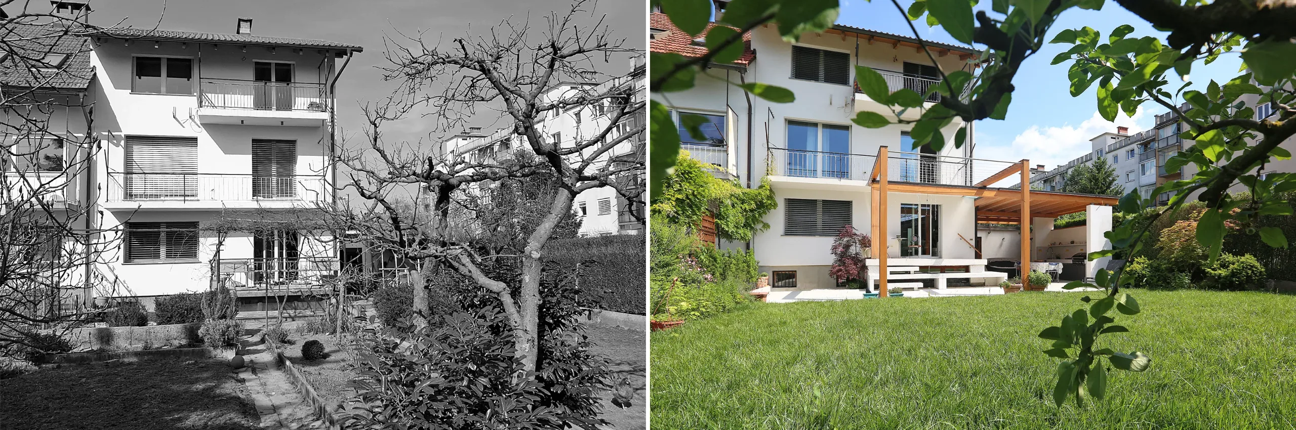 Urbano zatočišče živaloljubcev: nadstrešek prislonjen na vzhodni del hiše in južna pergola sta načrtovan arhitekturni doprinos, ki izboljšuje bivanje prilagojeno uporabniku.