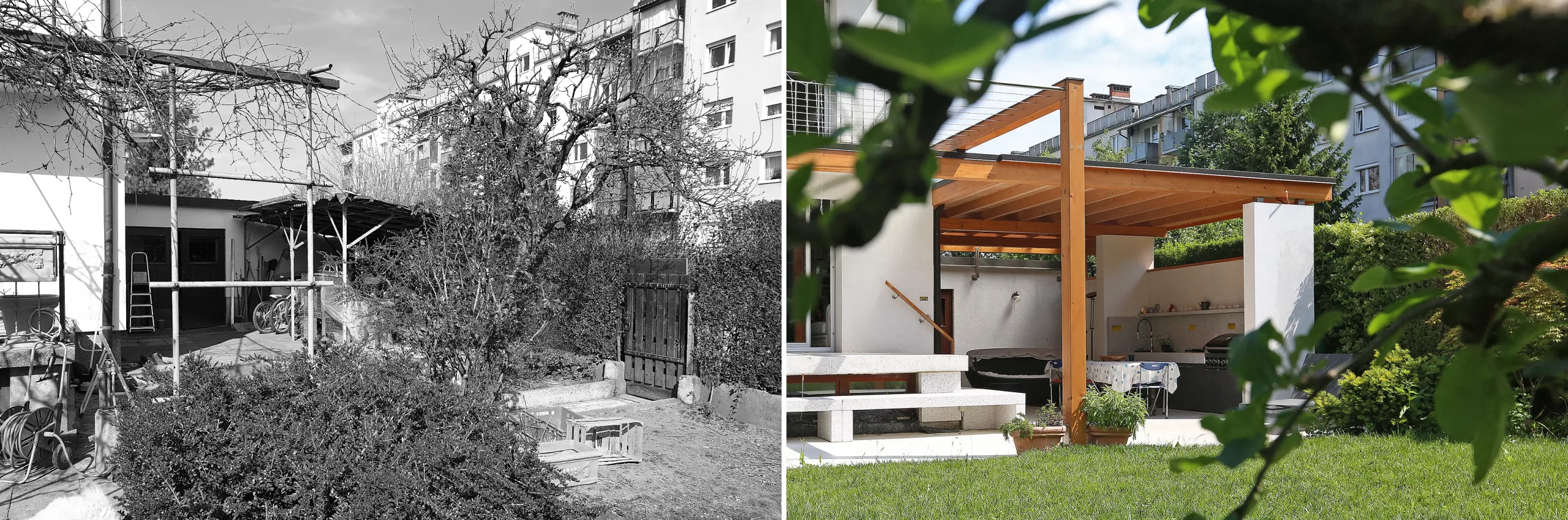Leseni nadstrešek prislonjen na vzhodni del hiše in južna pergola sta načrtovan arhitekturni doprinos, ki izboljšuje bivanje prilagojeno uporabniku.