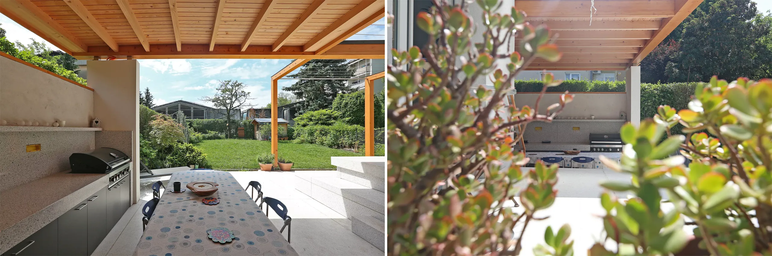 Leseni nadstrešek prislonjen na vzhodni del hiše in južna pergola sta načrtovan arhitekturni doprinos, ki izboljšuje bivanje prilagojeno uporabniku.