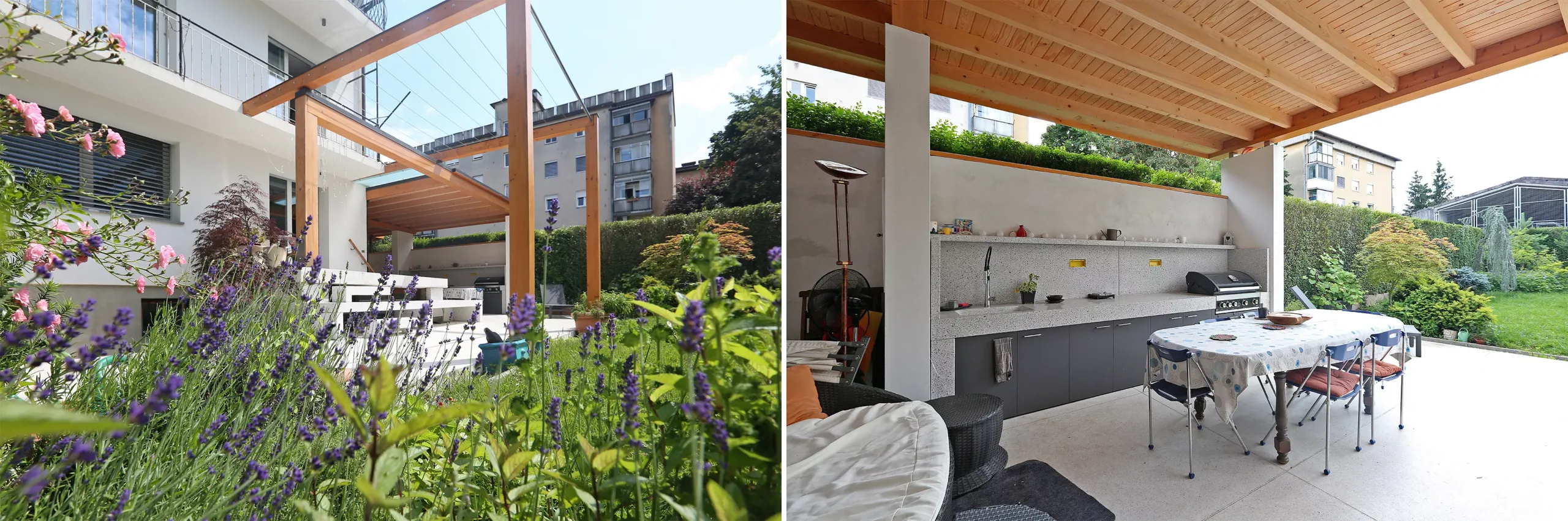 Leseni nadstrešek prislonjen na vzhodni del hiše in južna pergola sta načrtovan arhitekturni doprinos, ki izboljšuje bivanje prilagojeno uporabniku.