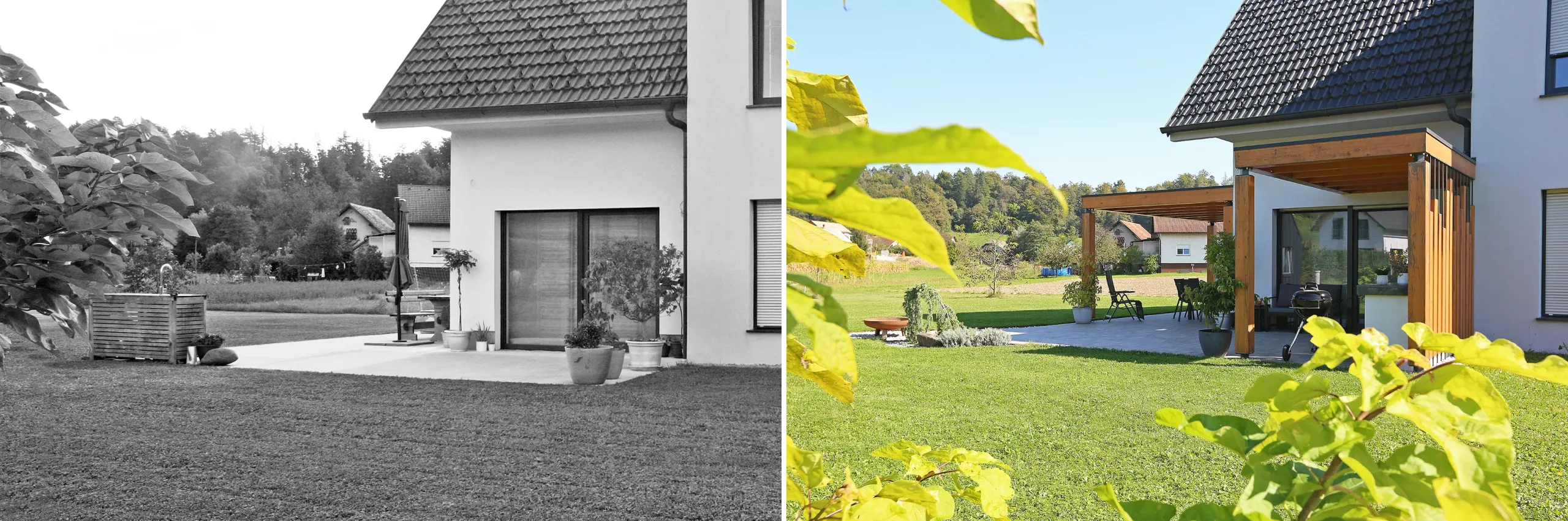 Nadstrešek nad letno kuhinjo in na terasi predstavlja ureditev po meri mlade družine. Mizarstvo Kos z veseljem pomaga z načrtovanjem in izvedbe lesene zunanje preobrazbe.
