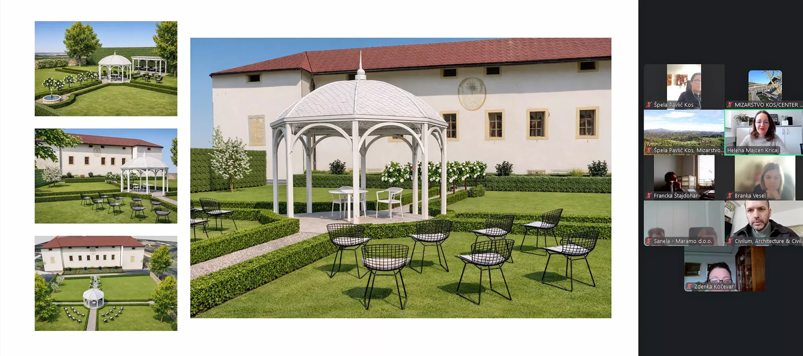 Srečanje članov poslovne skupine Centra za zunanjo ureditev, online Zoom, predstavitev dela članice Vizure, Helena Majcen Kričaj, krajinska arhitektka
